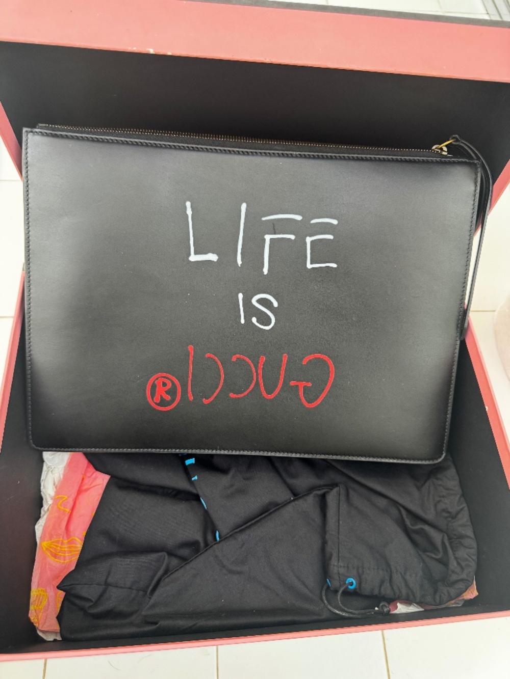 NIB LIFE IS GUCCI LARGE BLACK LEATHER CLUTCH